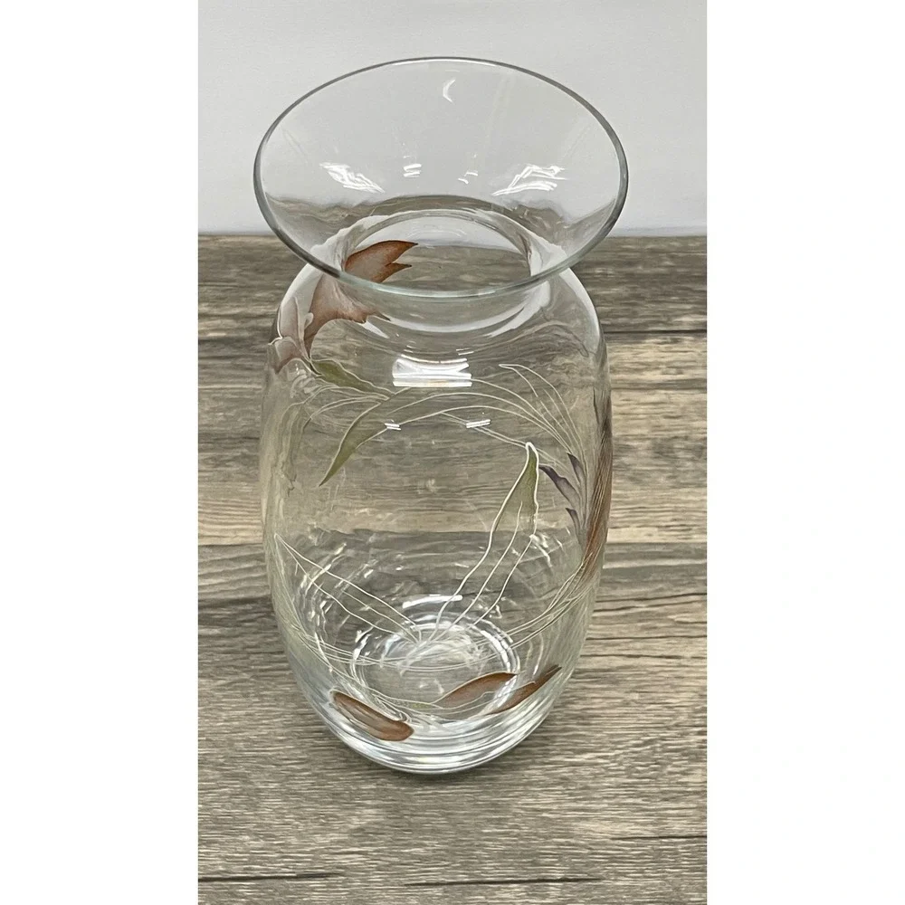 Handmade Glass Floral Vase Hand Painted Leaf Design Clear Purple Brown Excellent